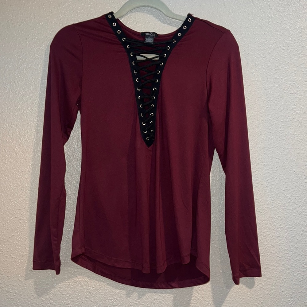 Rue21 Maroon Long Sleeve with Black Lace Up. Deep V.